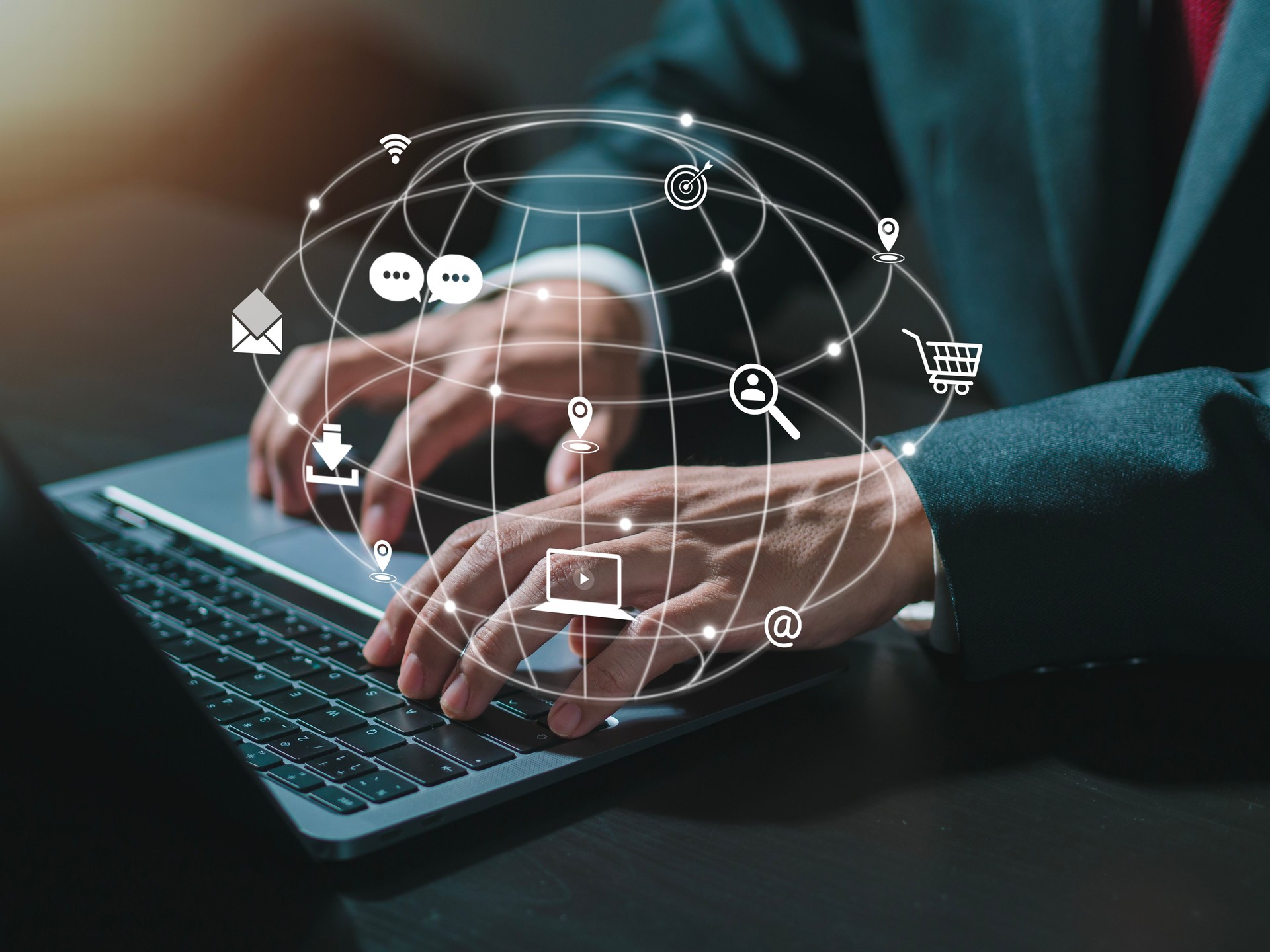 Businessman presses on laptop keyboard to use search engine (SEO) to find customers or promote and advertise online content for marketing technology and business solutions.